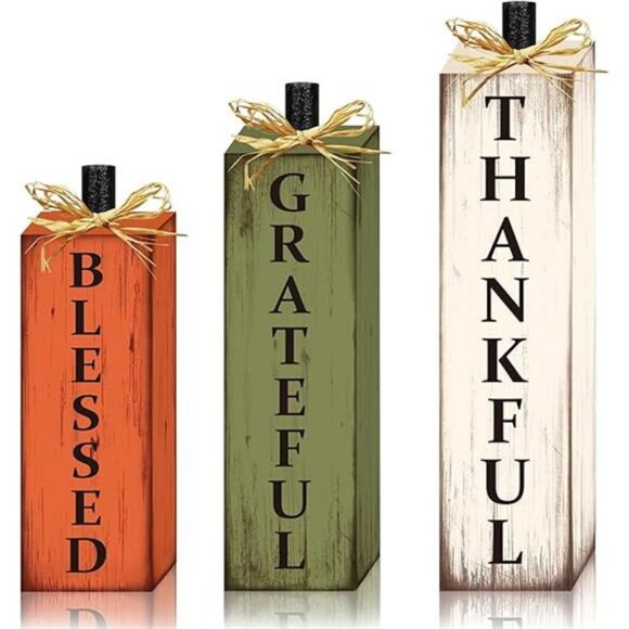 Thankful Blessed Grateful Tabletop Signs Thanksgiving Wooden Block Signs - Picture 8 of 8